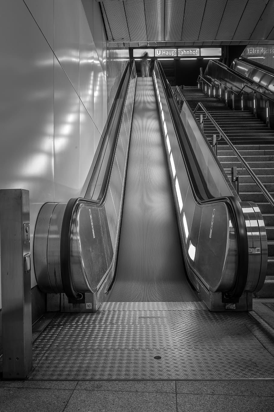 black and white, escalator, long exposure, modern, metal, rise, city, architecture, emergence, underground
