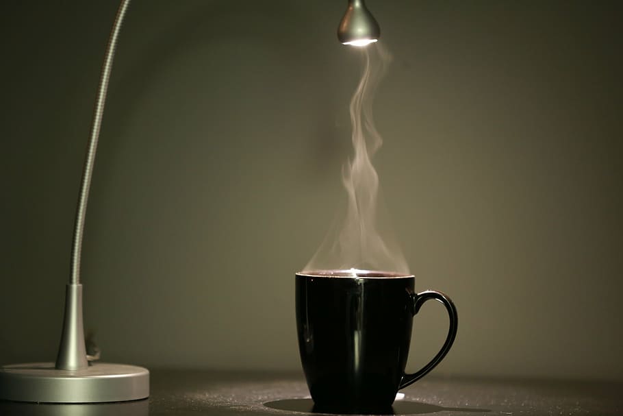 black, mug, grey, table lamp, steam, coffe, cup, drink, hot, cafe