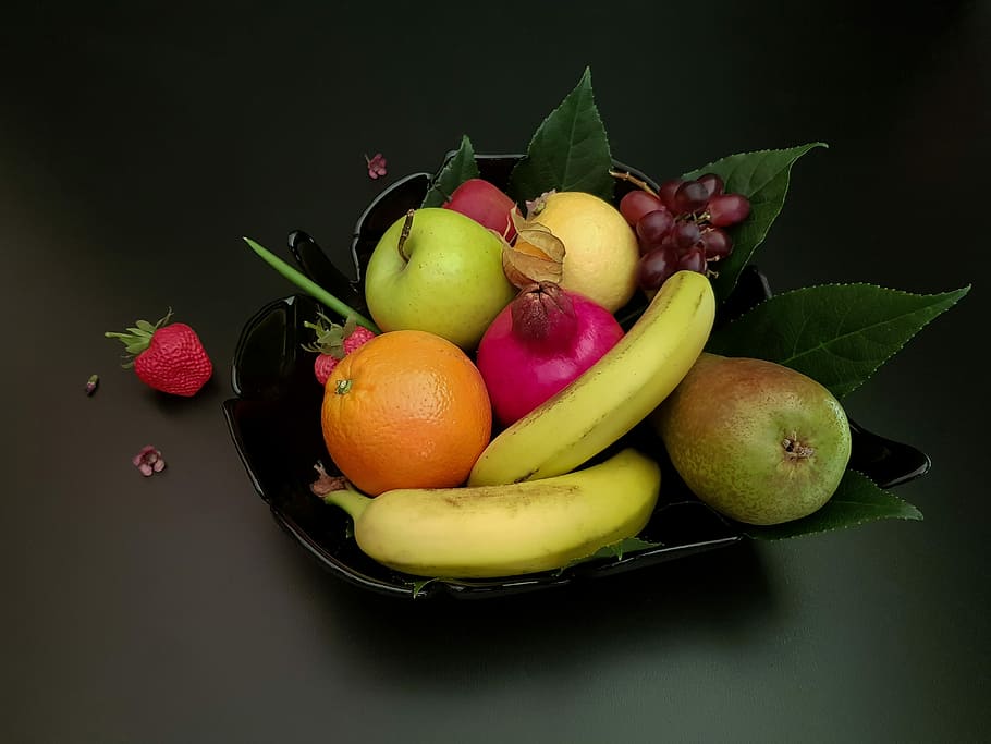 assorted, fruits, black, fruit bowl, still the fruit bowl of life, mixed fruit, fruit, pomegranate, strawberry, lemon