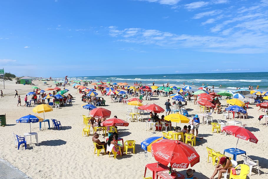 beach, summer, umbrella, colors, people, harness, coast, heat, wave, blue sky