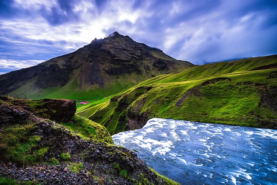 landscape photography, brown, green, mountain range, iceland, mountains, sky, clouds, river, stream
