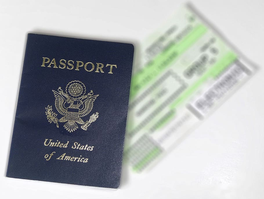 azul, pasaporte estadounidense, pasaporte, boleto, vuelo, estados unidos, viajes, turismo, vacaciones, negocios