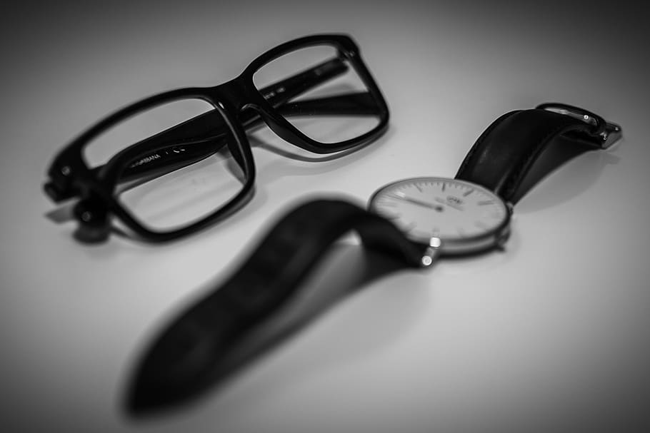 eyeglasses, watch, fashion, accessories, objects, black and white, frames, glasses, indoors, still life