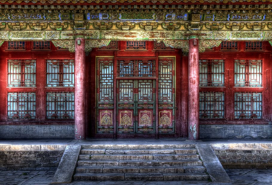 красный, коричневый, храм, Китай, Запретный город, Пекин, Дверь, архитектура, в помещении, без людей