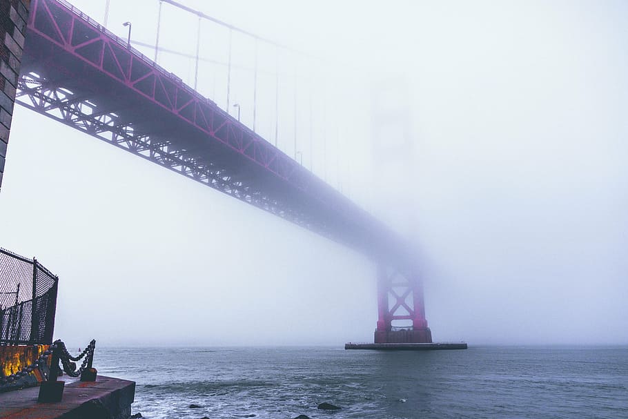 red, metal bridge, foggy, weather, black, link, bridge, middle, fog, Golden Gate Bridge