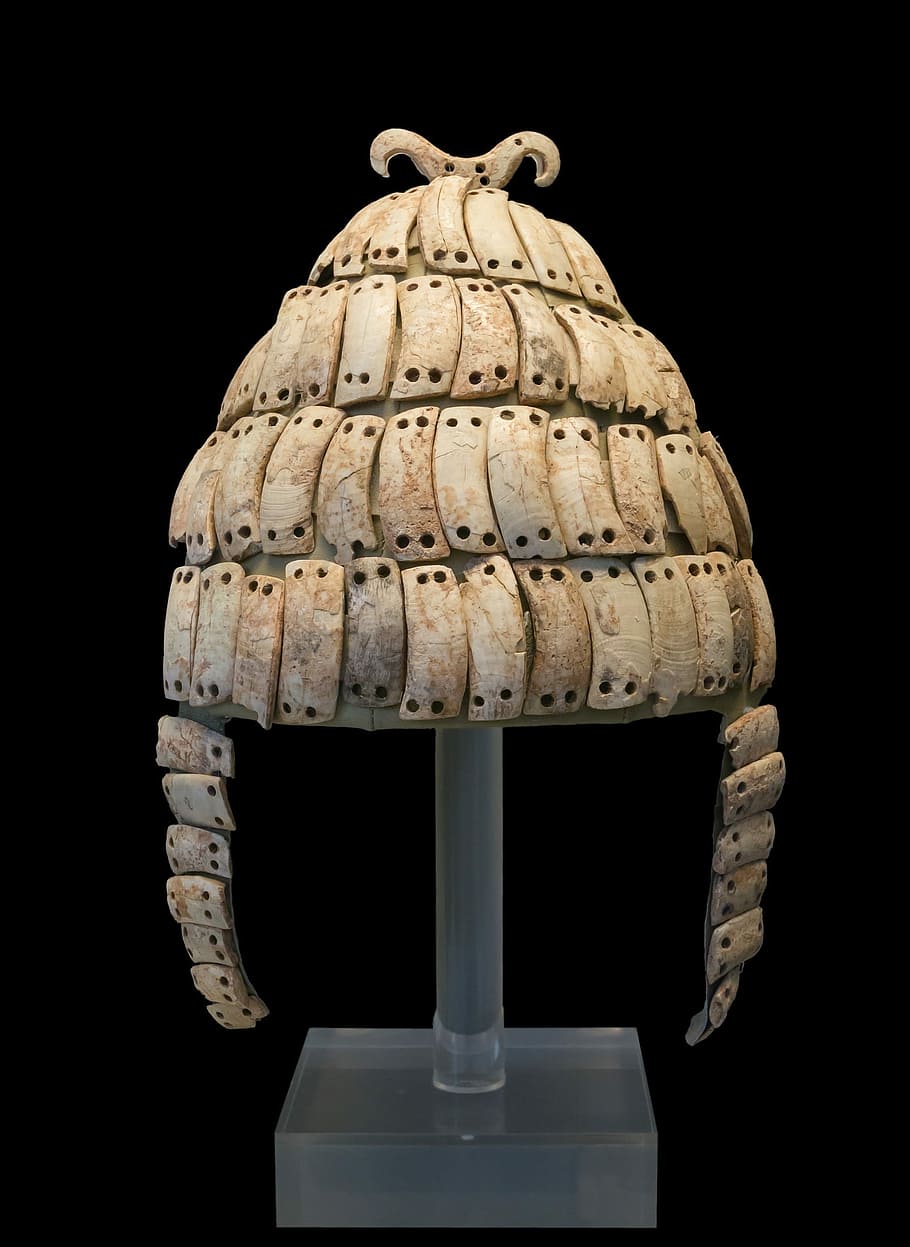 Helmet, Boar, Tusk, Ancient, Historical, boar's tusk, museum, cheek-guards, double bone hook, mycenae