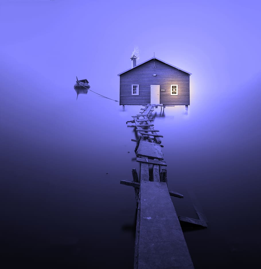 brown, wooden, house, dock, purple, sky, boat house, winter, mirroring, bank