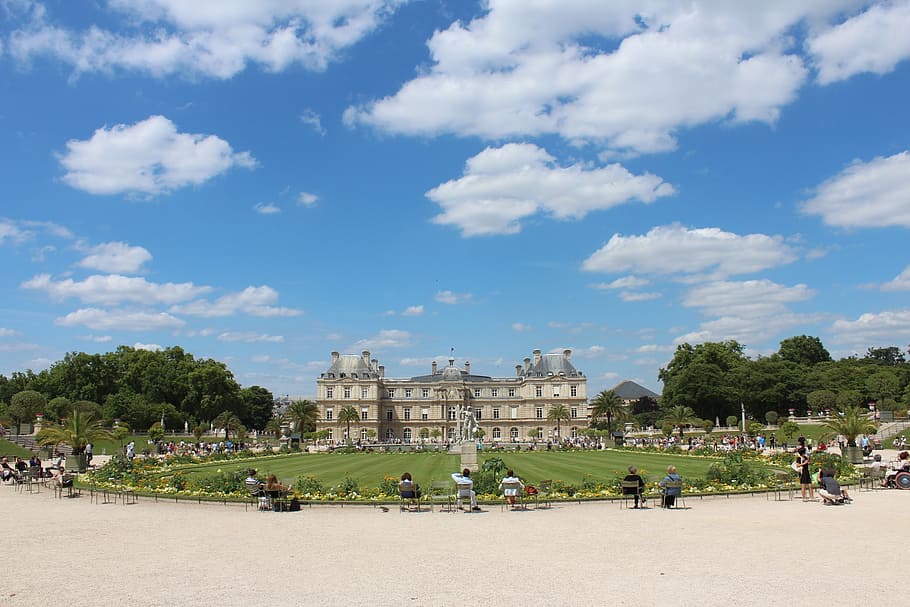 group, people, grass field, building, luxembourg palace, castle, paris, days, pm, cloud