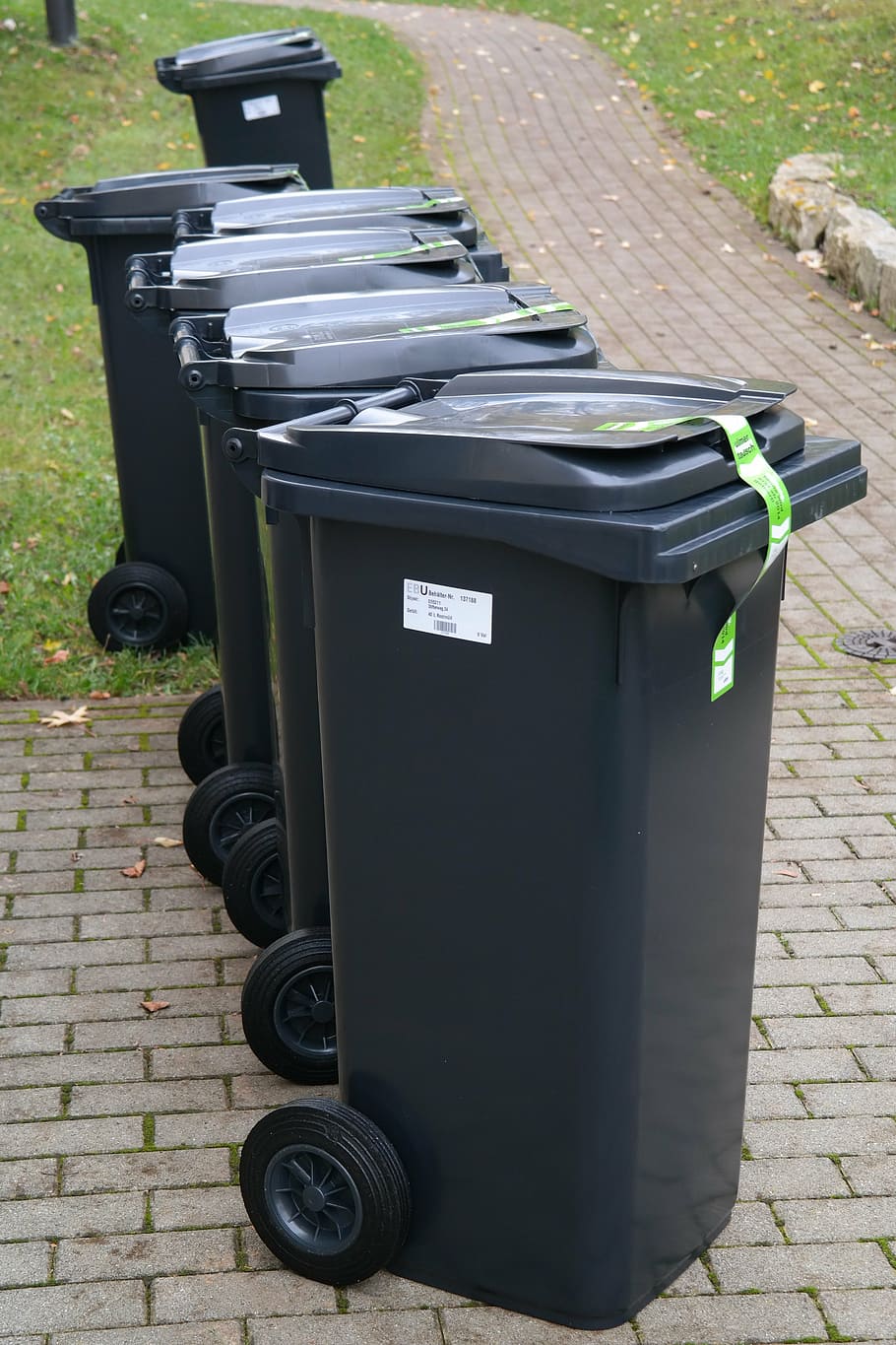 black, garbage bins, concrete, pathway, garbage can, dustbin, waste, garbage, ton, waste bins