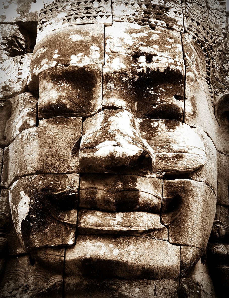 Primer plano, foto, marrón, hormigón, estatua, cosechar, Siem, Camboya, Angkor, Bayon