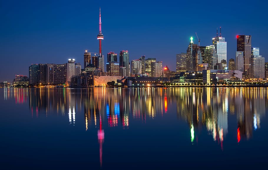 city buildings, night time, reflection, water, buildings, can, cn tower, canada, colorful, night