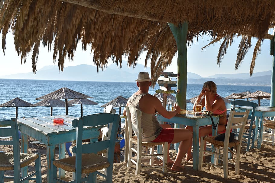 bar pantai, laut, pantai, musim panas, Liburan, meja makan, Kreta, Yunani, biru, bar