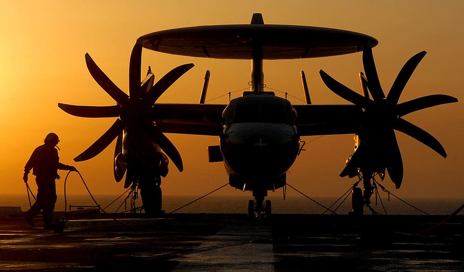Turboprop, Airplane, Silhouette, Plane, aircraft carrier, propellers, aircraft, sailor, e-2 hawkeye, twin engine
