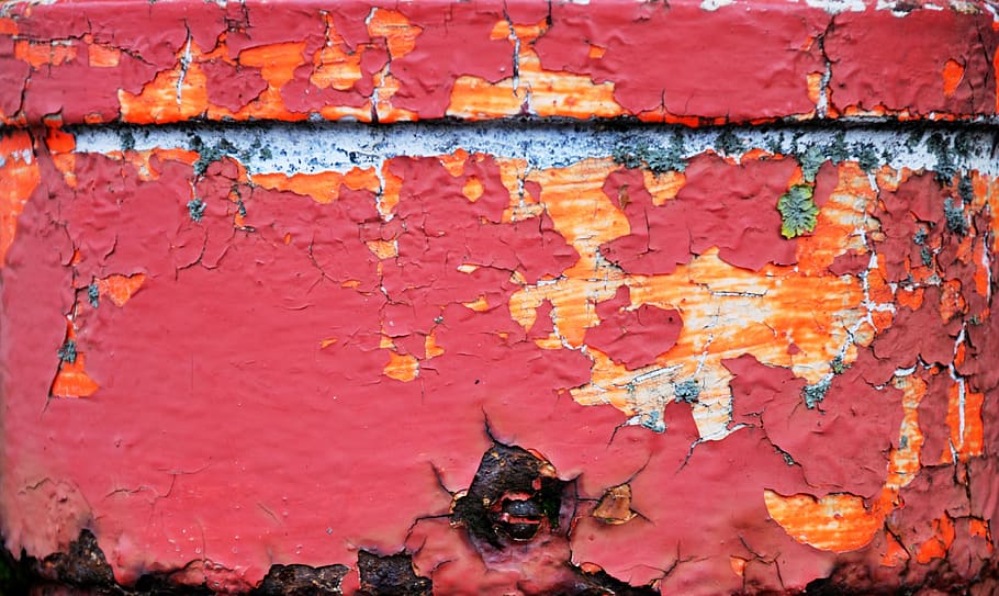 red, cracked, wall paint, stainless, metal, rusted, ailing, decay, abstract, pattern