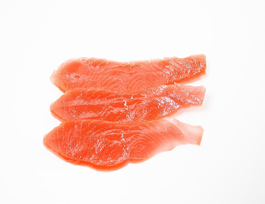 three, slices, raw, fish fillet, Smoked Salmon, Fish, salmon, hors d'oeuvre, food, white back