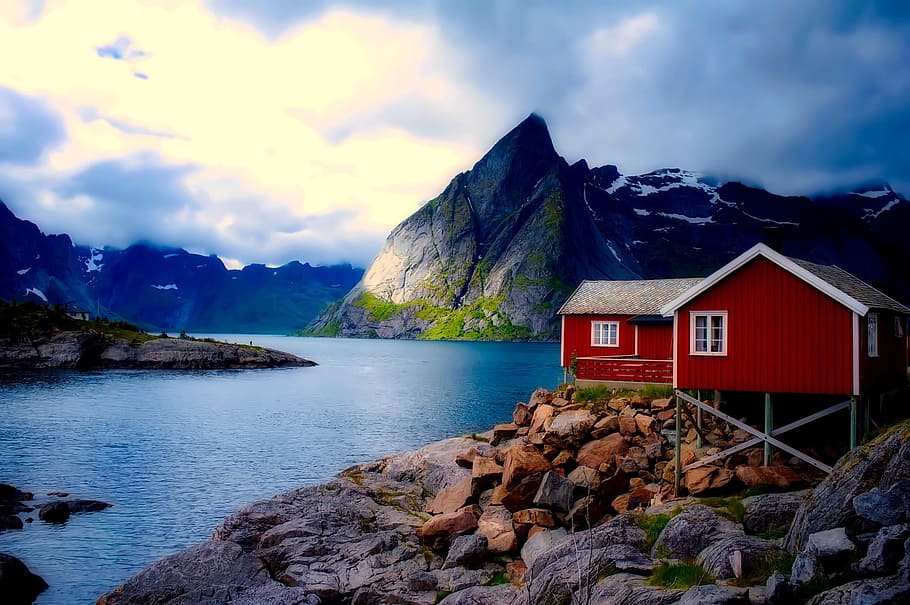 red, barn, body, water, norway, cottage, house, home, mountains, sky