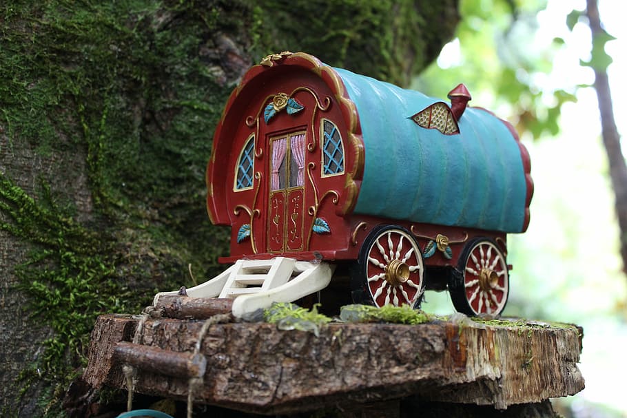 blue, brown, wooden, carriage decor, tiny, fairy, caravan, focus on foreground, day, tree