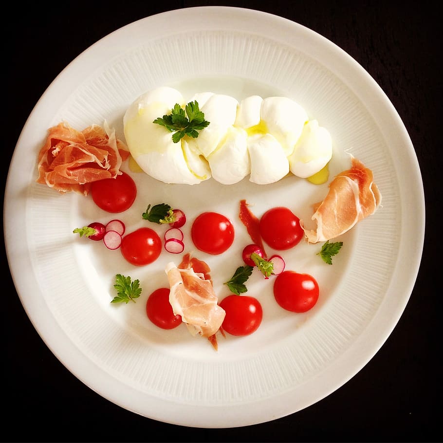 Plate, Meals, Tomatoes, Summer, mozzarella, serano, food and drink, tomato, freshness, food