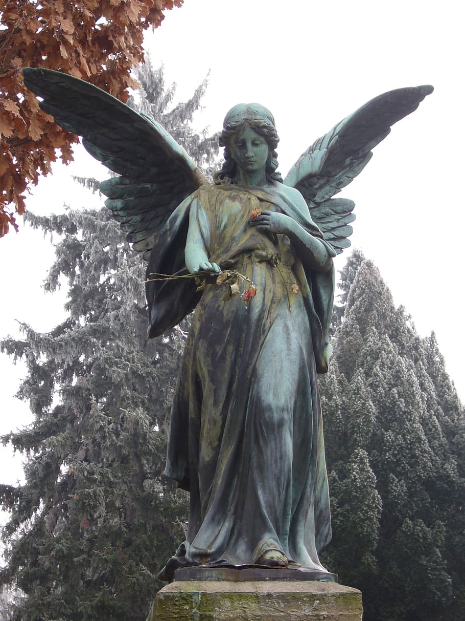 angel, cemetery, mourning, sculpture, statue, human representation, art and craft, representation, creativity, low angle view