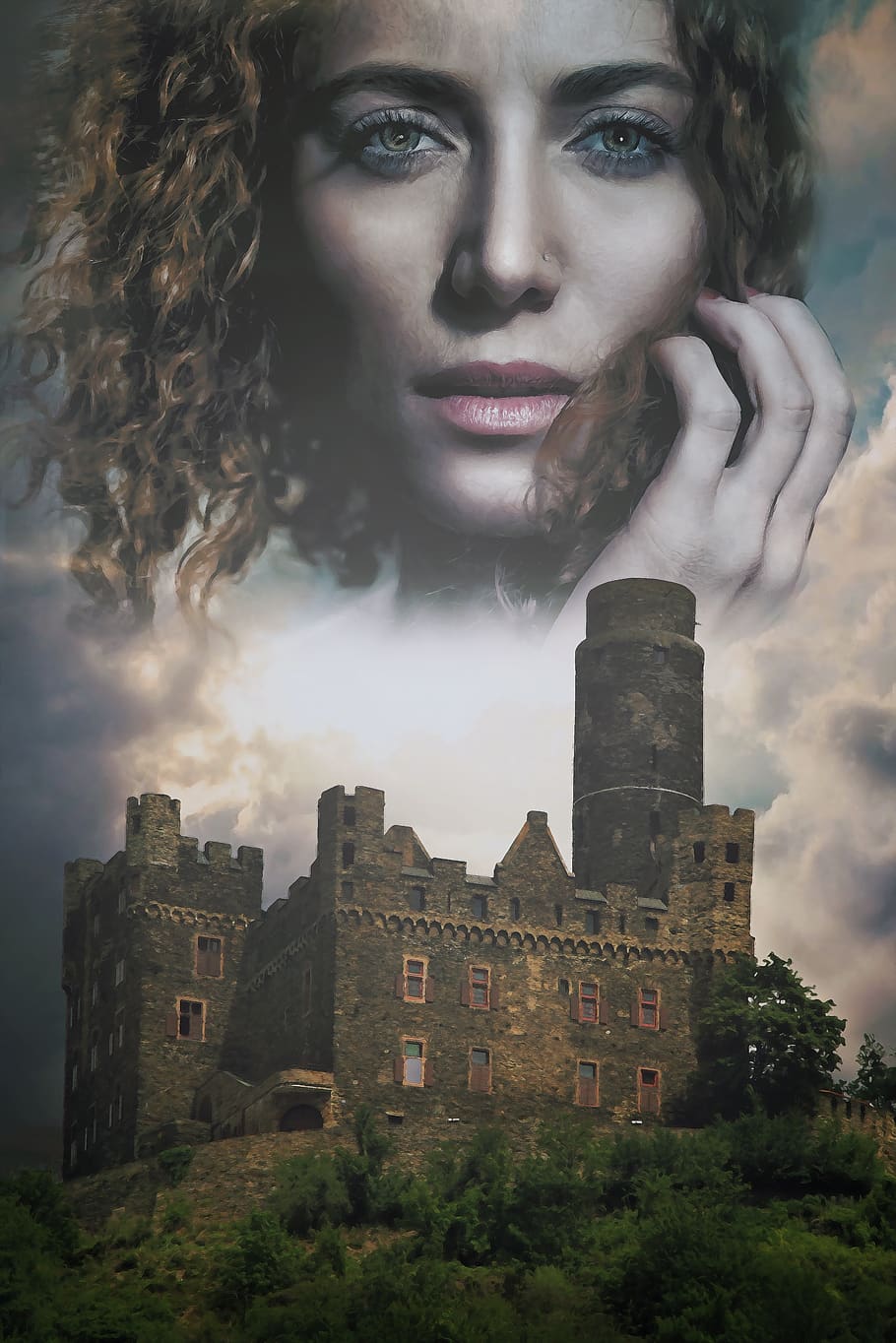 fantasy, medieval, gothic, romantic, castle, sky, lady, woman, young, beauty
