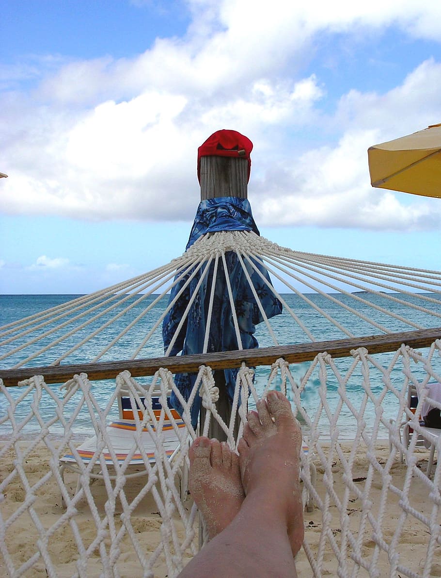 playa, hamaca, dedos de los pies, arena, mar, relajarse, océano, vacaciones, cielo, caribe