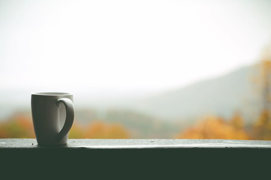 white, cup, placed, concrete, table, mug, coffee, window, mountain, nature