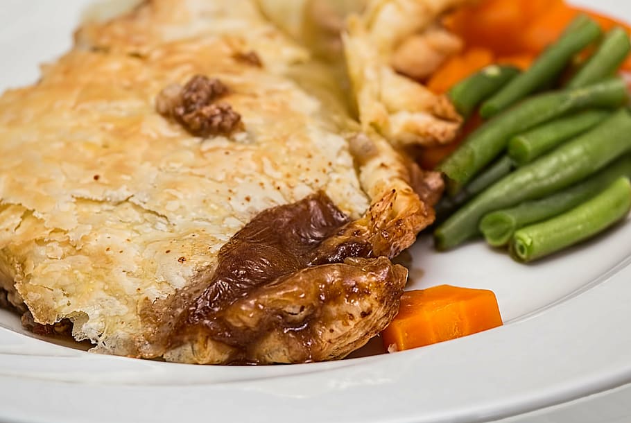dish, white, ceramic, plate, meat pie, pie, puff pastry, warm meal, baked, golden