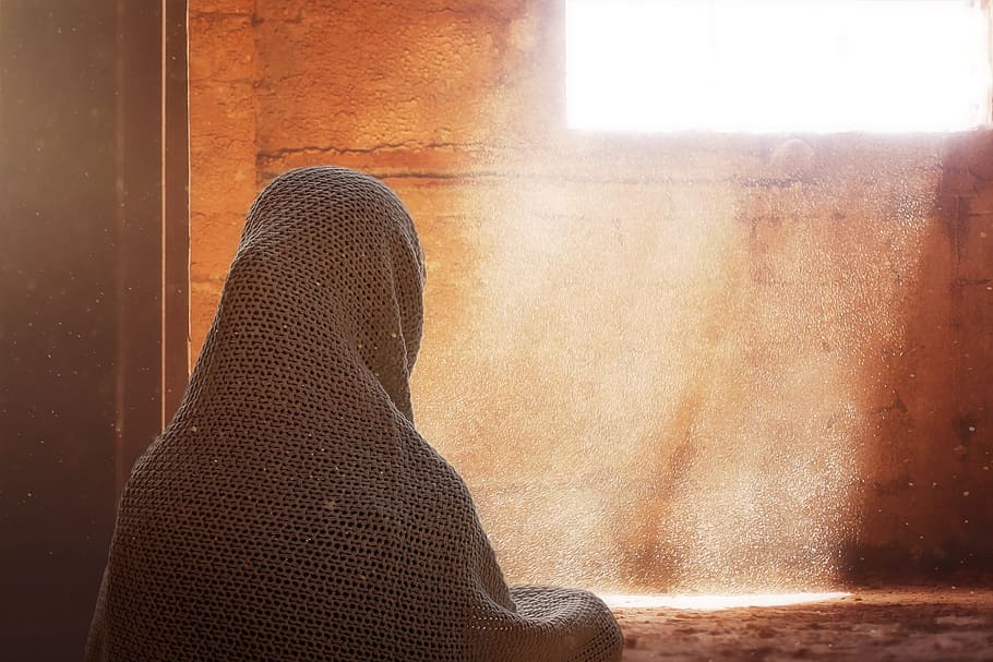 person, headscarf, looking, window wallpaper, human, female, rear view, sitting, space, light
