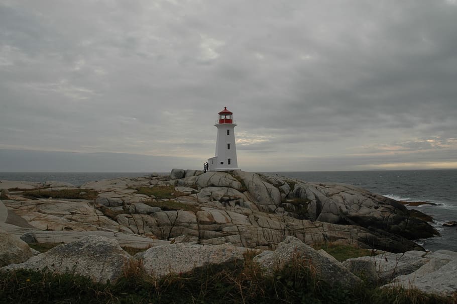 lighthouse, peggy's cove, nova scotia, sea, sky, ocean, coast, rocks, maritime, water