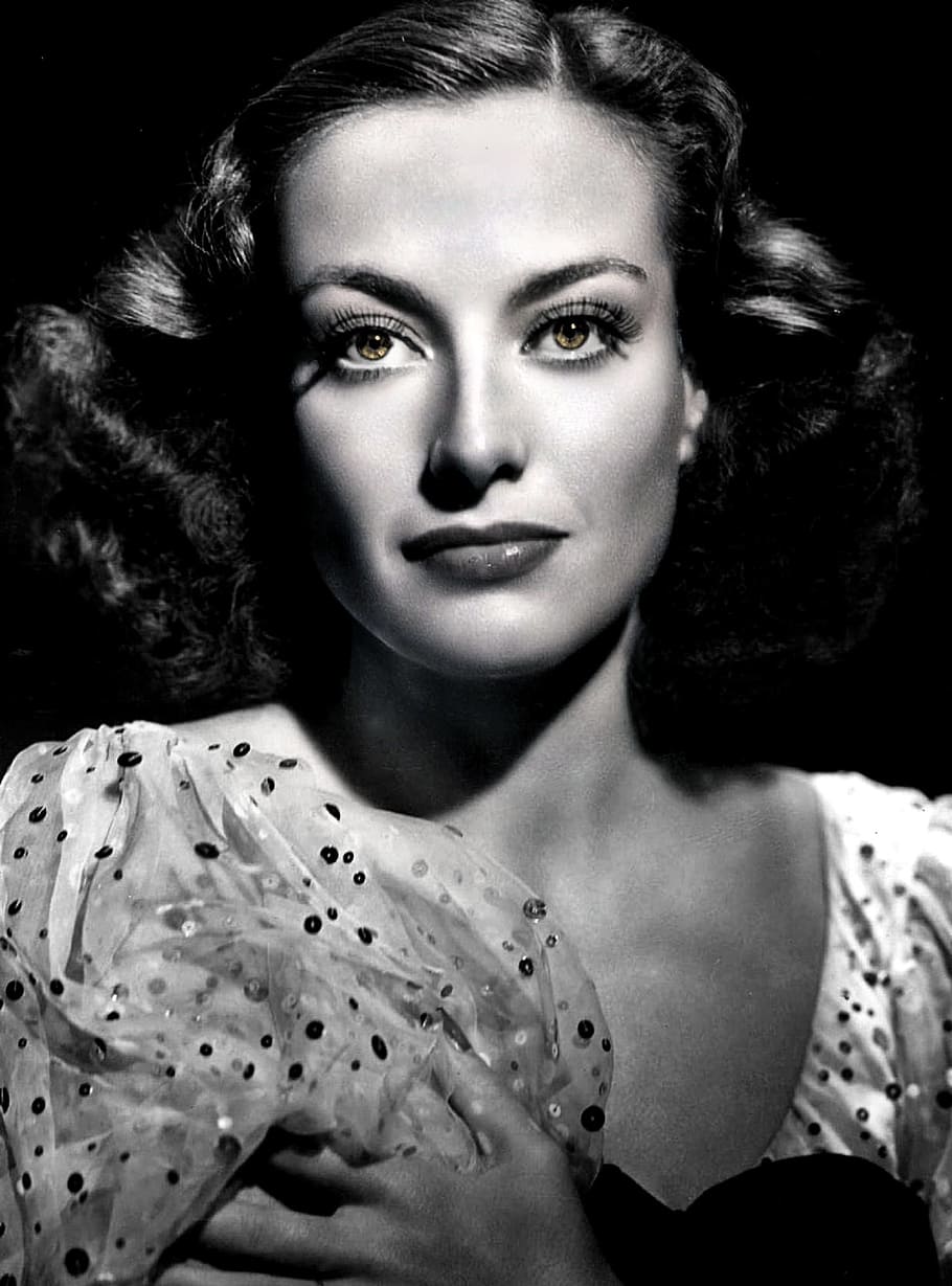 white top, joan crawford-hollywood, film, actress, portrait, looking at camera, one person, headshot, indoors, young adult