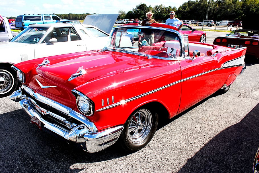 classic, red, white, chevrolet, bel, air, convertible, coupe, parked, vehicles