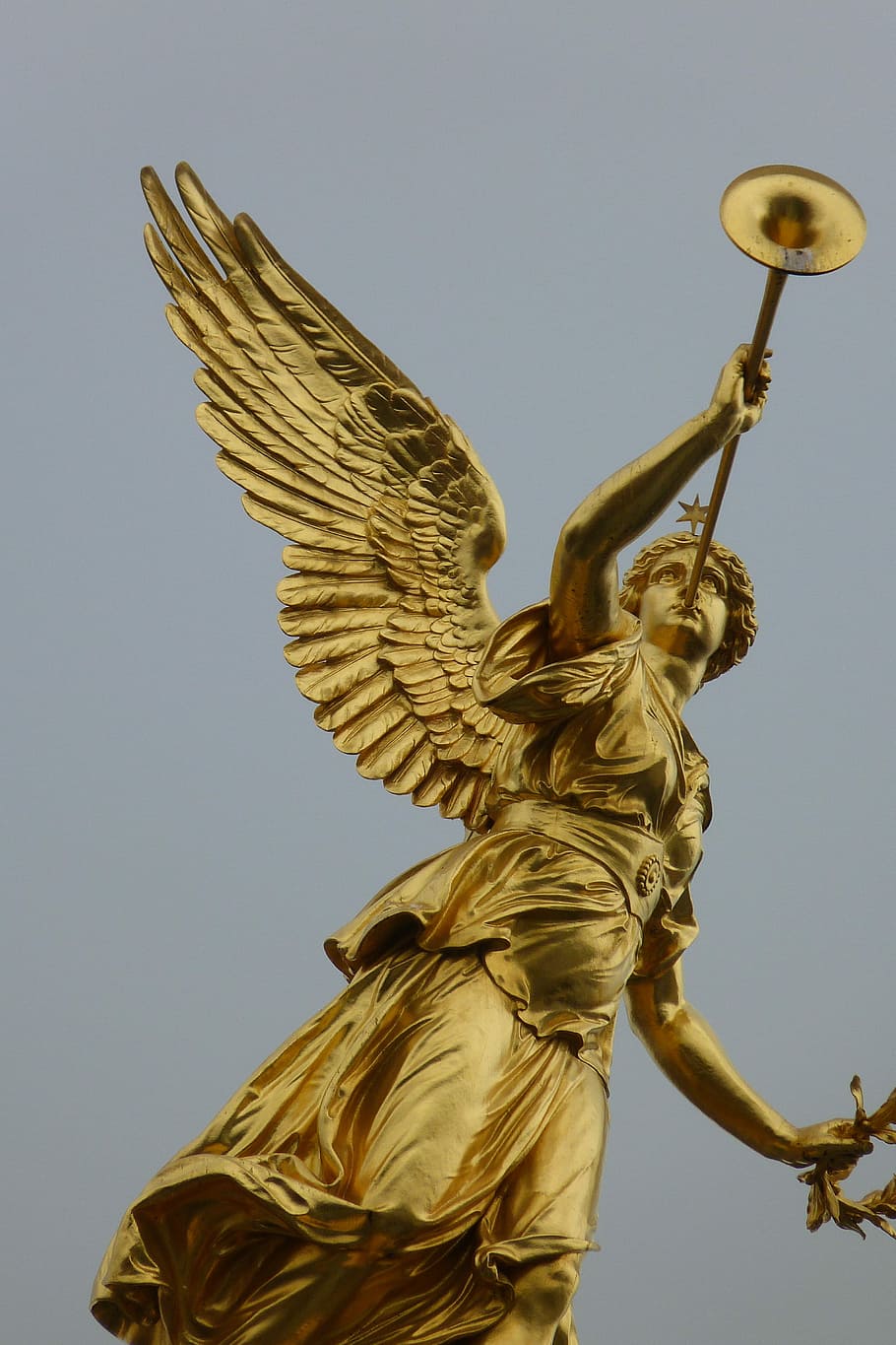 brass angel, wind instrument statue, brass, Angel, wind instrument, statue, dresden, city, germany, wing