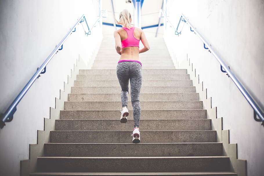 fitness girl, Young, Fitness, Girl, Running, Up, Stairs, active, body, cardio