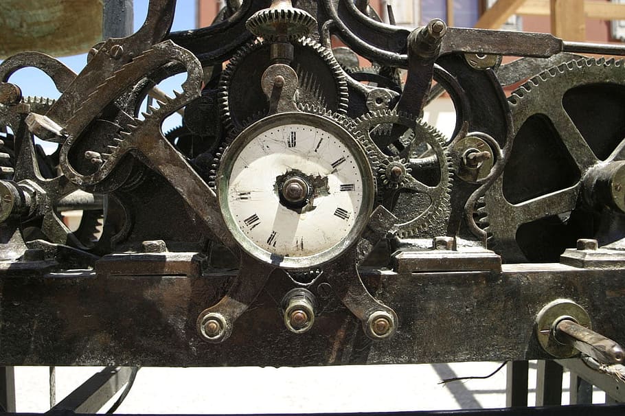 black, metal clock gear, clock, cogs, wheels, antique, mechanism, mechanical, machine part, machinery