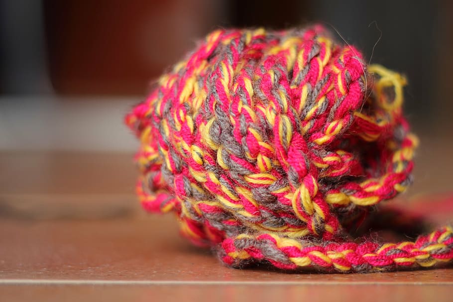 yellow, pink, yarn, wool, cat's cradle, knit, hand labor, colored, colorful, cat toy