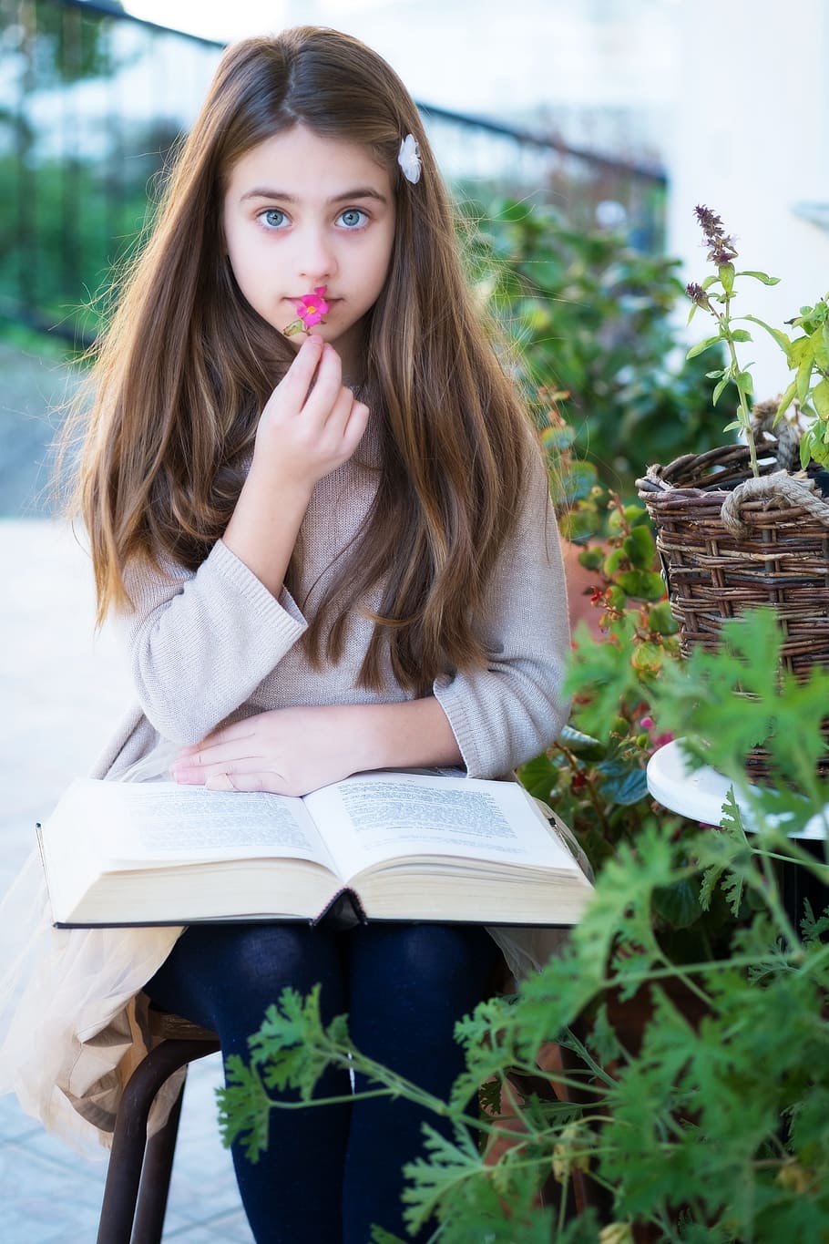 girl, wearing, white, sweater, book, opened, lamp, little girl, kid, innocence