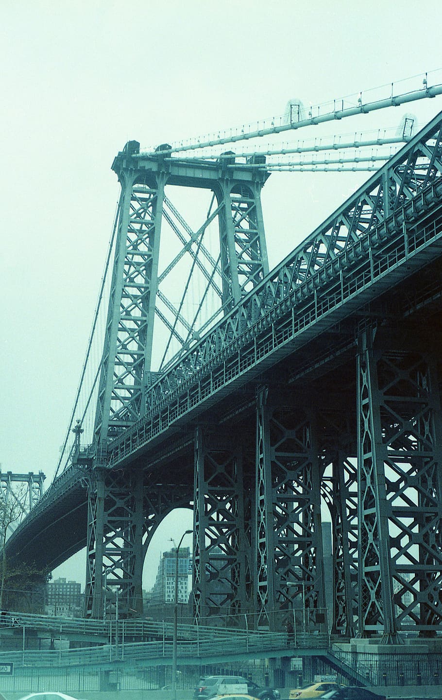 bridge, sky, suspension, travel, new york city, overcast, cloudy, buildings, tall, view