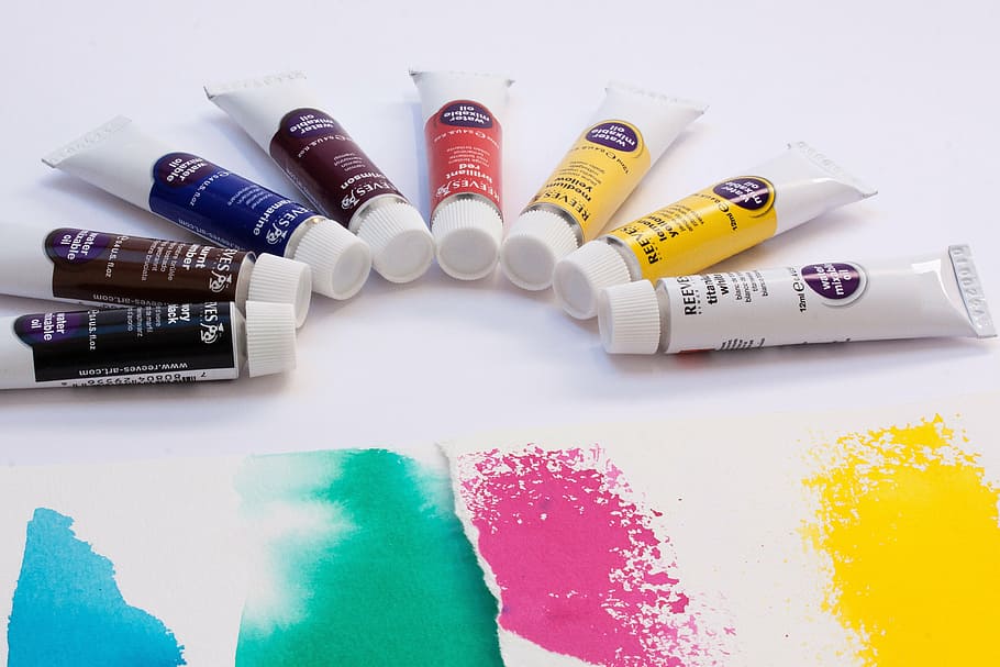 oil paints, color, soluble in water, tubes, colorful, white, yellow, red, blue, violet