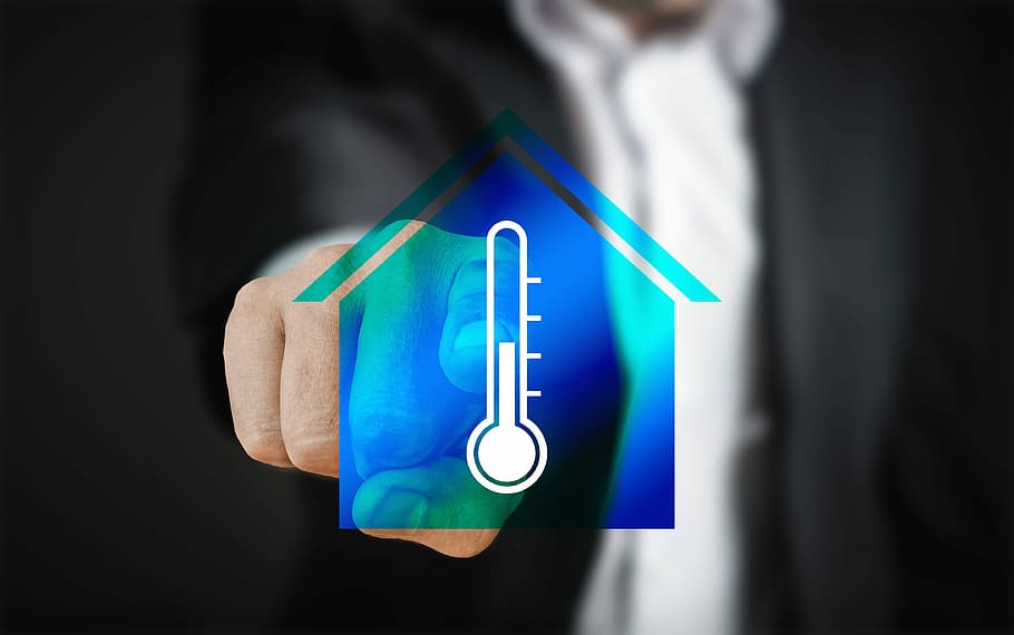 person, clicking, house, temperature icon, smart home, home, technology touch screen, man finger, control, taxes