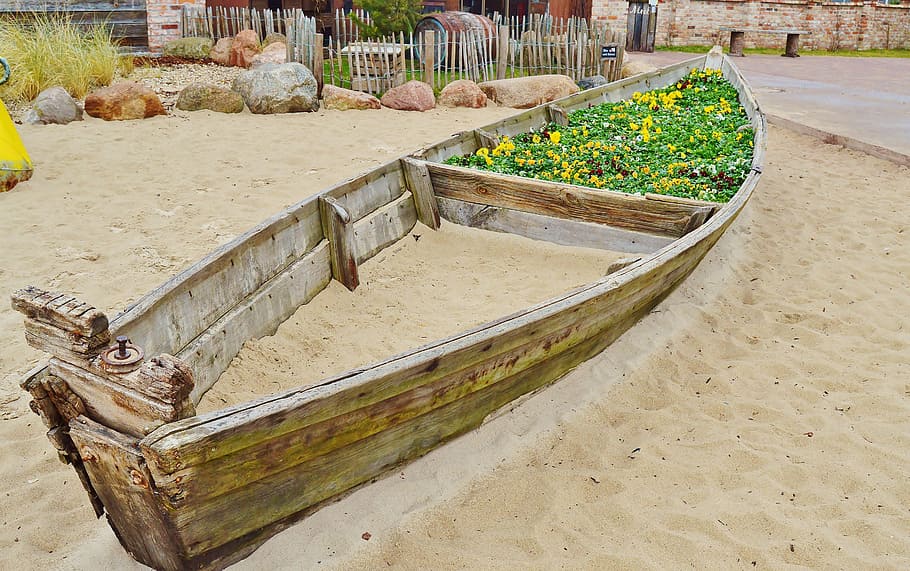 Sand, Wooden, Boat, Playground, Flowers, wooden boat, sand charge, leisure, fun, outdoors