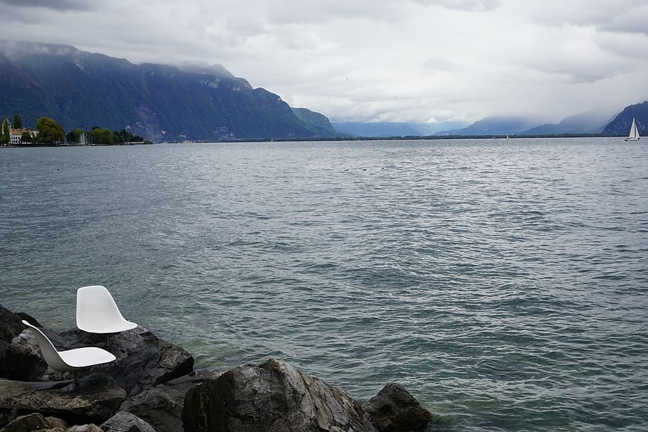 vevey, suiza, lago de ginebra, silla, lago, agua, niebla, paisaje, banco, vela