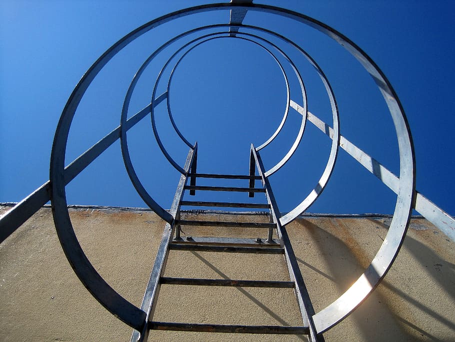 grey steel ladder, metal stairs, stairs, upright, access, metal, ladder, fixed, protected, circular