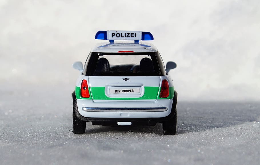 Model Mobil, Mini Cooper, Kendaraan, mini, mobil, mobil mainan, lampu biru, polisi, mainan, musim dingin