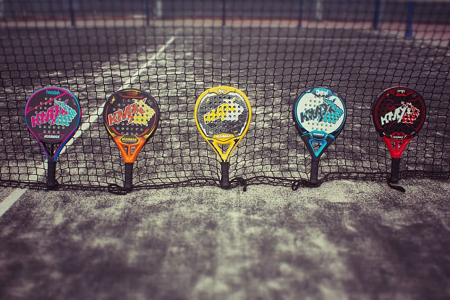 five, assorted-colored rackets, mesh, net, paddle, paddle tennis court, art and craft, creativity, text, multi colored