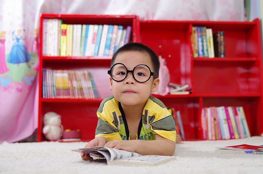 boy, yellow, black, shirt, reading, book, glasses, books, baby, kids