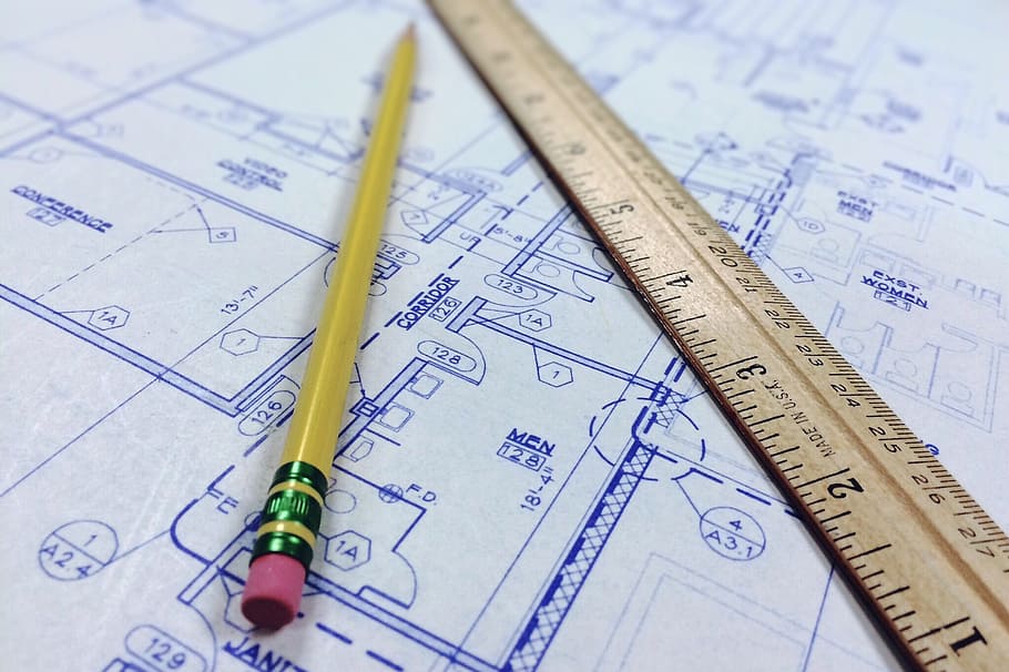 brown, pencil, wooden, ruler, blueprint, architecture, architectural, architect, plan, instrument of measurement