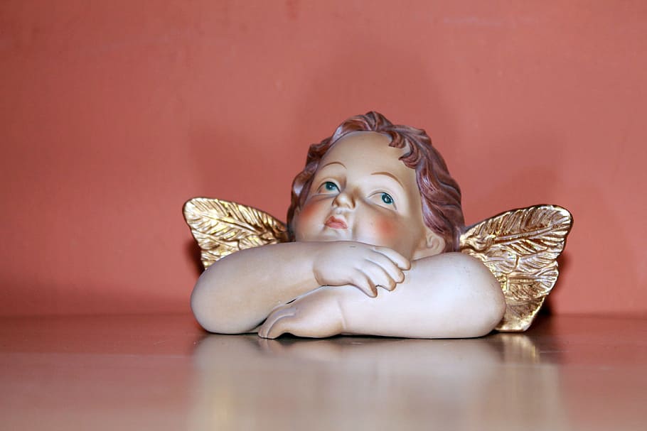 cupid bust, angel, figure, sculpture, faith, hope, indoors, representation, people, table