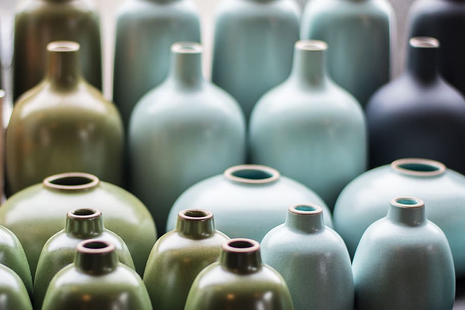 jars, blur, shiny, vase, display, interior, ceramic, drink, container, in a row