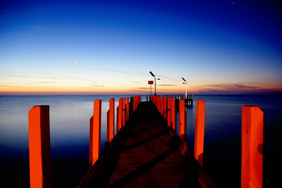 empty, dock, body, water, nature, sea, ocean, horizon, sky, clouds