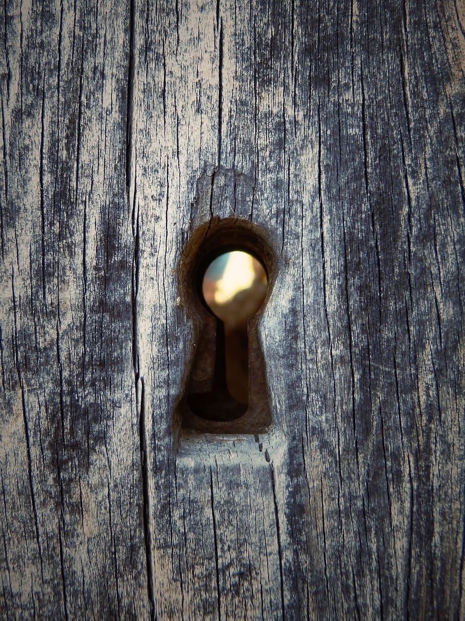 ドア, ロック, 古い, 乱れた, 木製のガーリックソース, スパイ, 鍵穴, 木材-素材, クローズアップ, 織り目加工